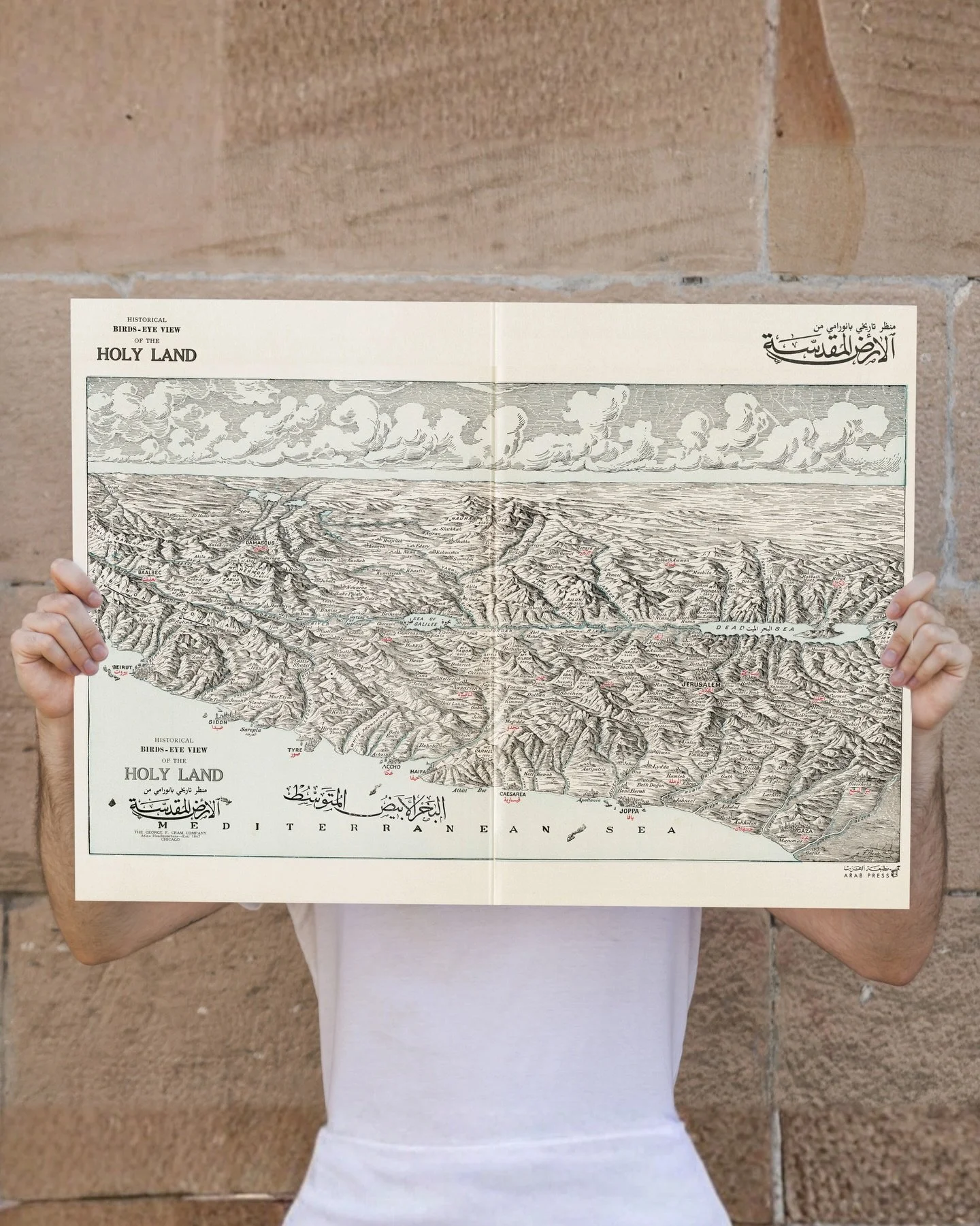 ✤ Super rare historical Birds-Eye View of the Holy Land (ca. 1900) from our print archive.
-Original map in English, translated into Arabic and editorially reworked by us.

Available as poster:
&bull; A1 (59,4 &times; 84,1 cm) &ndash; 90 &euro; (incl