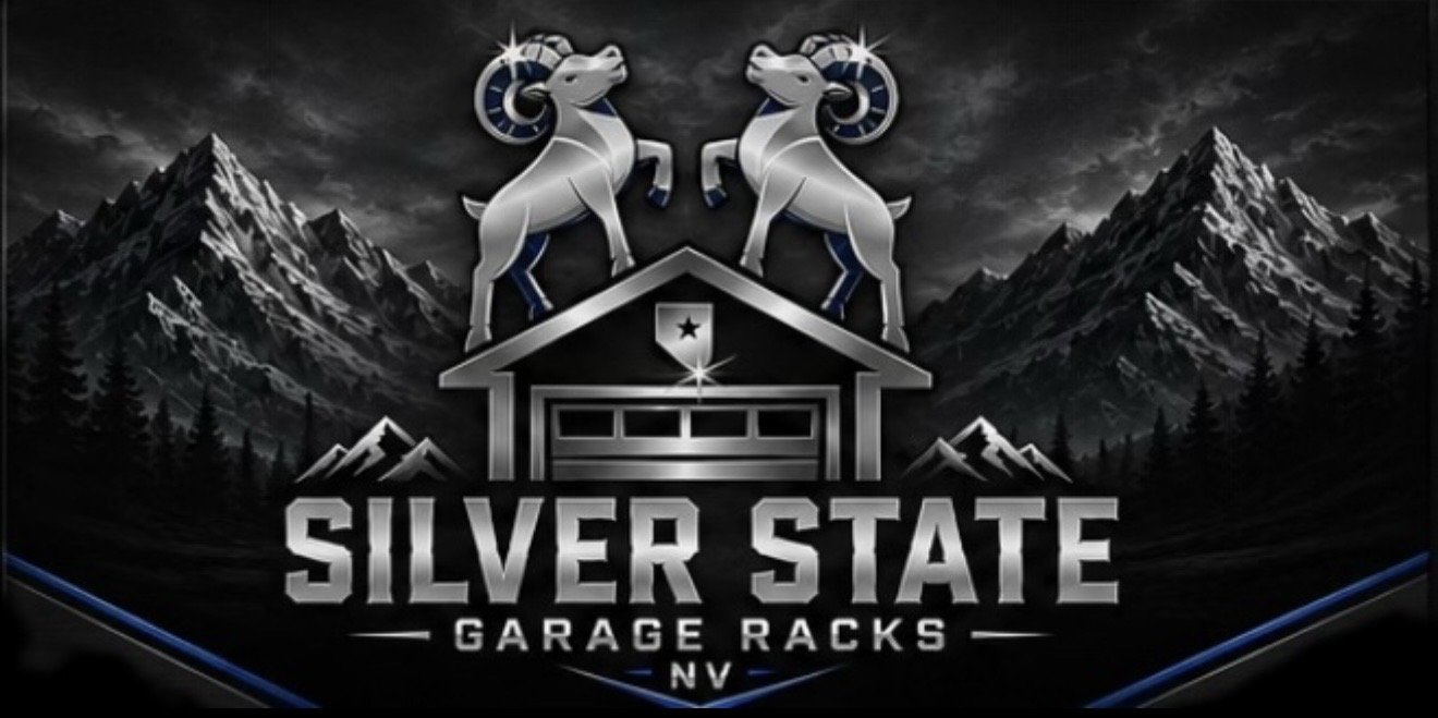Logo with two silver mountain goats standing on a garage with mountains in the background, text reads 'Silver State Garage Racks NV'.