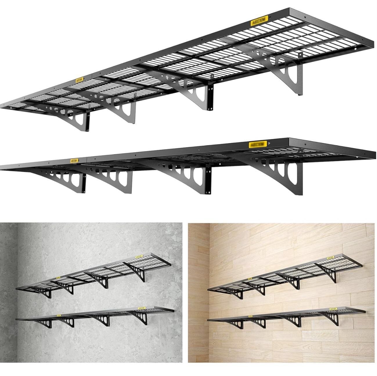 Two black wall-mounted folding wire shelves on different walls, one with a concrete wall and the other with a wooden wall.