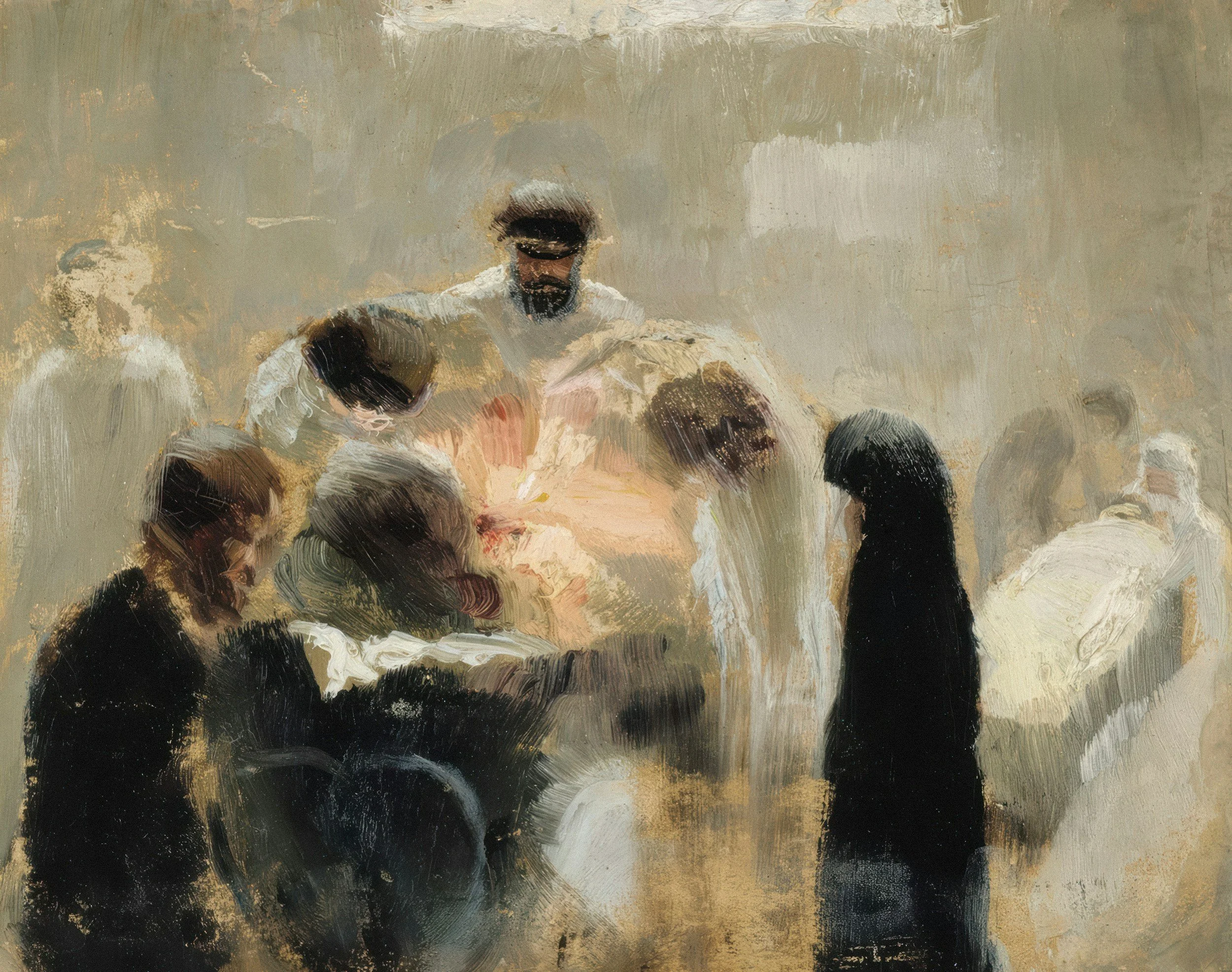 A painting of a person with a beard and dark hair, wearing a white shirt, seated at a table with several other people. The scene appears to be a gathering or meeting in an impressionistic art style with muted colors.