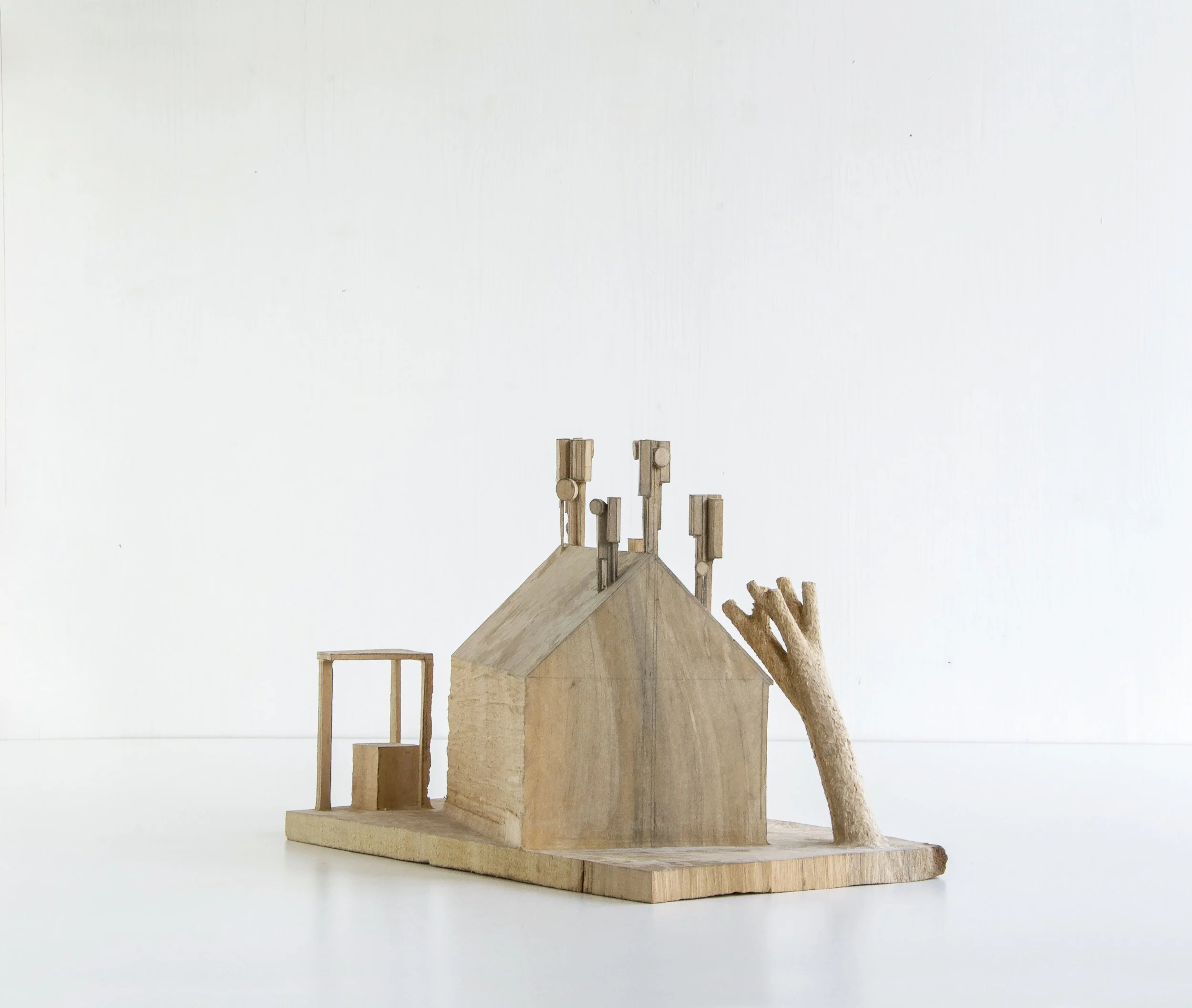 Antennenhaus, 2025, lime wood, pencil, 22.5 x 33.5 x 19.5 cm