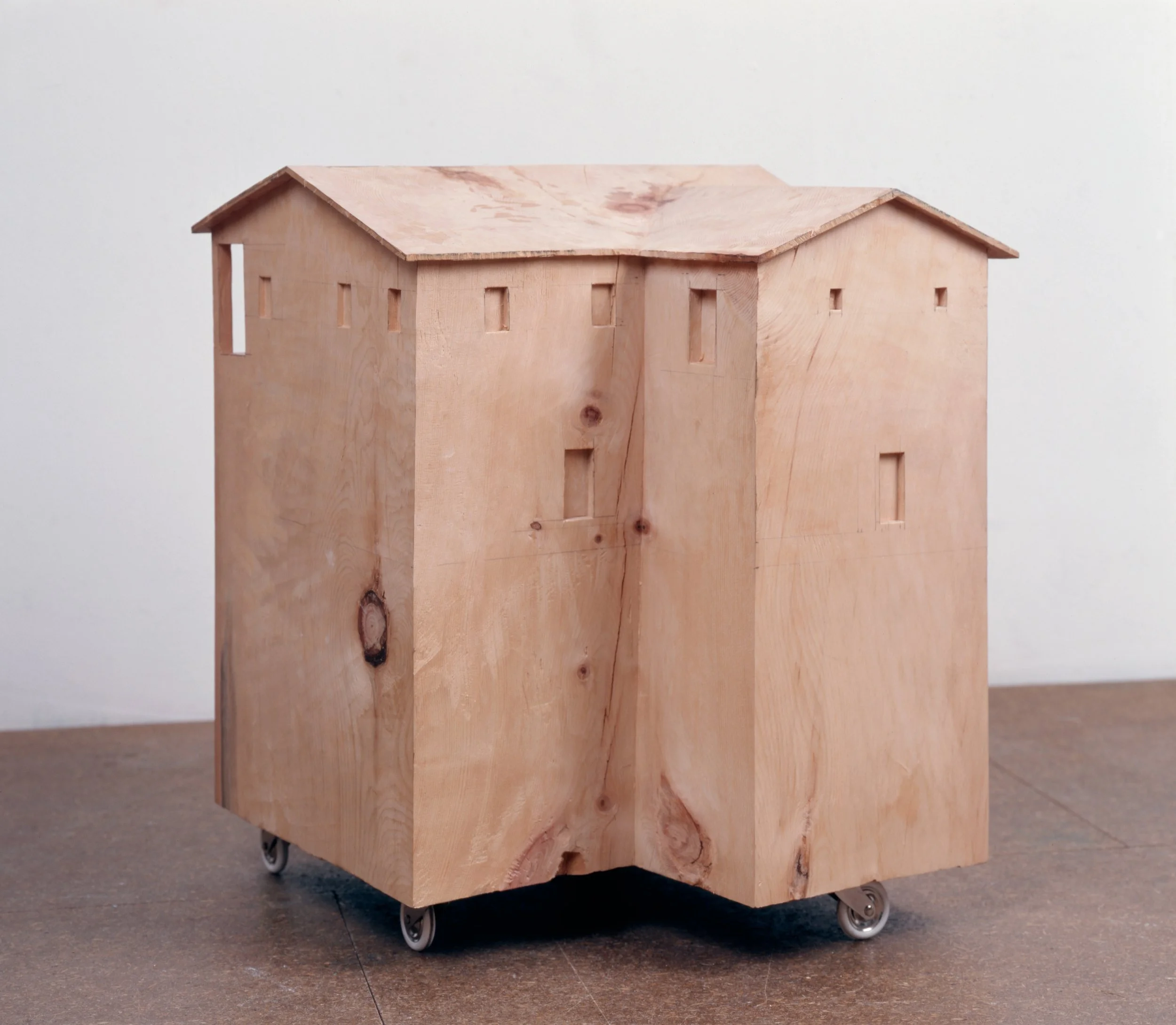 Hütte 1, 2004, stone pine wood, pencil, wheels ,40 x 46 x 50 cm, private collection