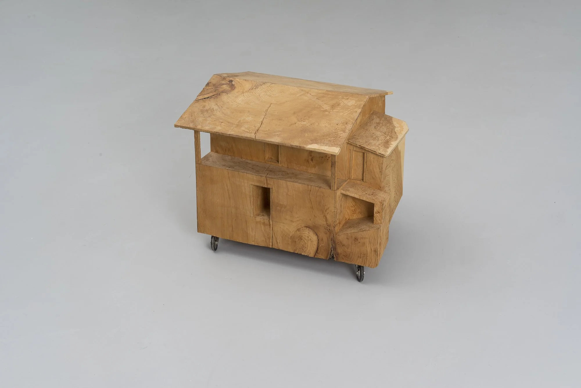 Hütte 2, 2011, stone pine wood, pencil, wheels, 47 x 37 x 39 cm, private collection