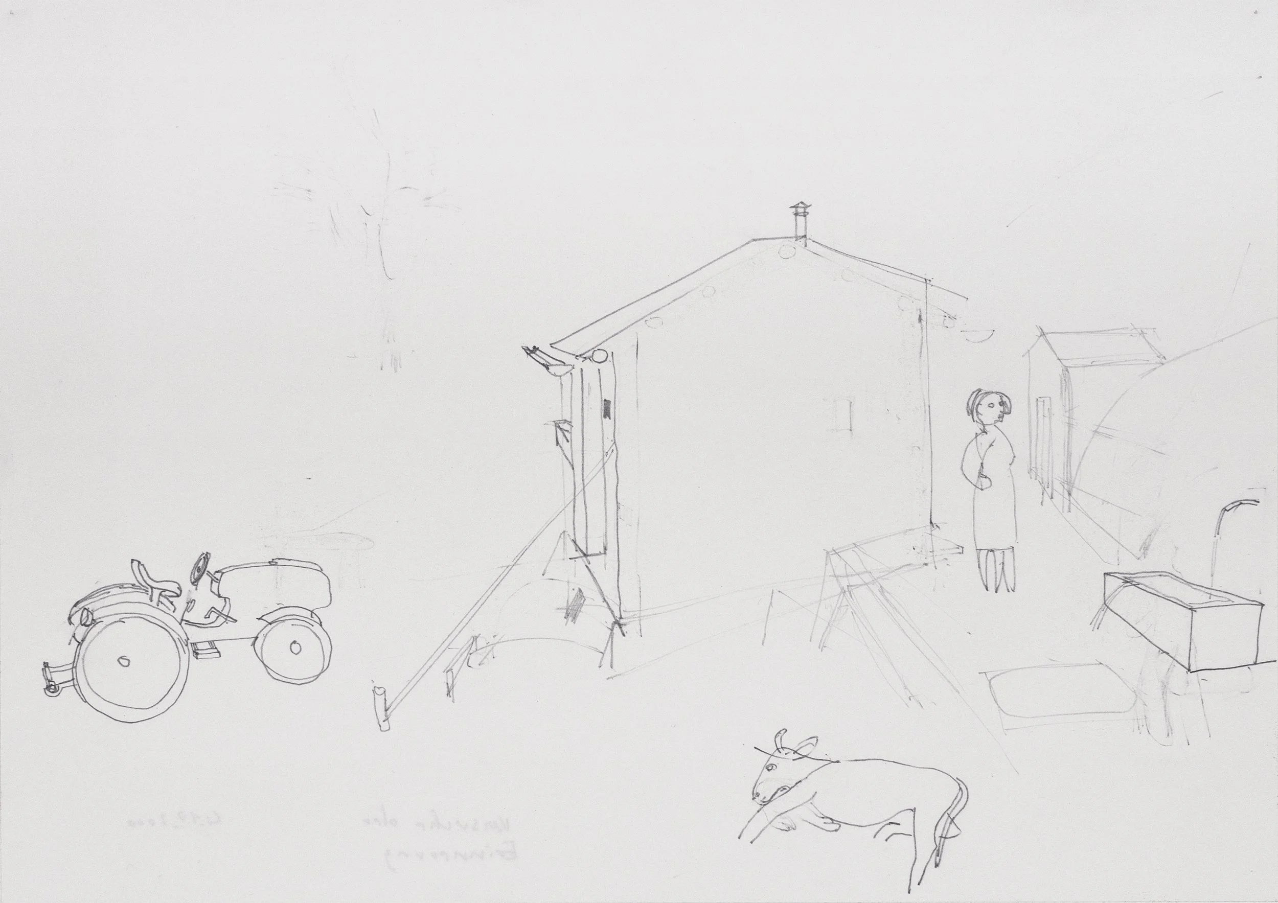 o.T. (Traktor, Kuh), 2002, Bleistift, Papier, 29,7 x 21 cm, Autonome Provinz Bozen/Südtirol, Amt für Kultur