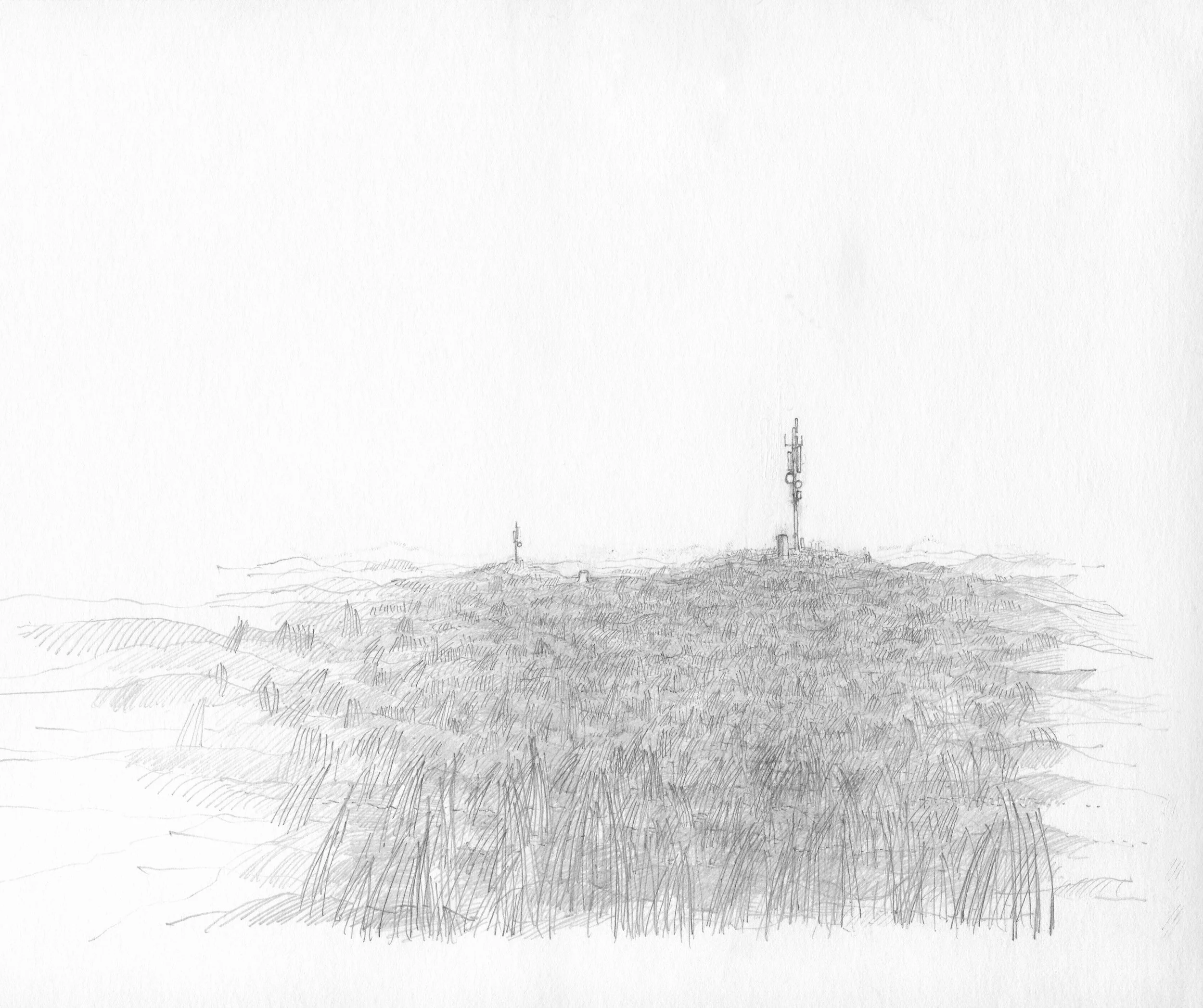 Landschaft mit Sender1, 2026, Grafitstift auf Papier, 21 x 29,7 cm