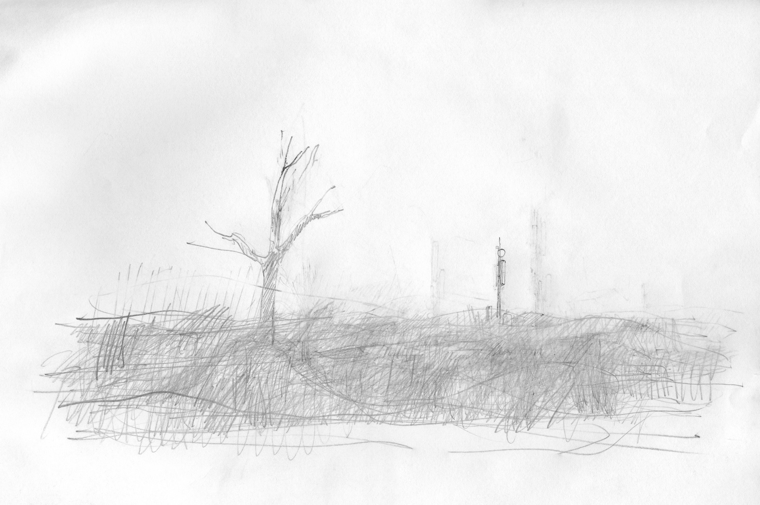 Landschaft mit Sender2, 2026, Grafitstift auf Papier, 20 x 28 cm