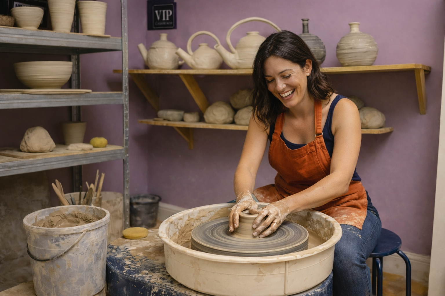 A woman smiling while shaping clay on a pottery wheel in a ceramic studio, surrounded by shelves of pottery items and tools.