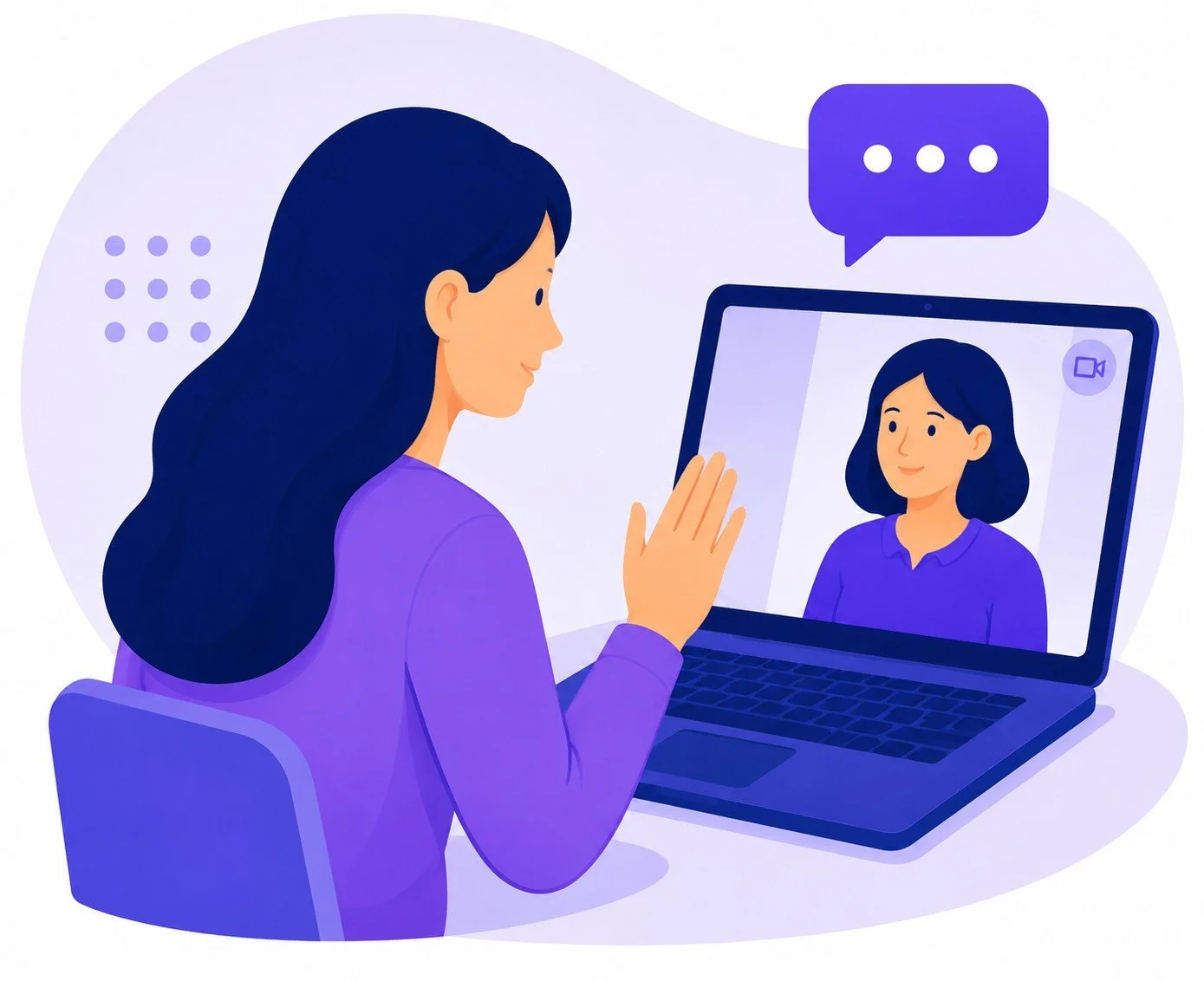 An illustration of a woman having a video call on her laptop, with a virtual chat bubble above her. The woman is waving at her computer screen, which shows her mirrored image, indicating a video conferencing scenario.