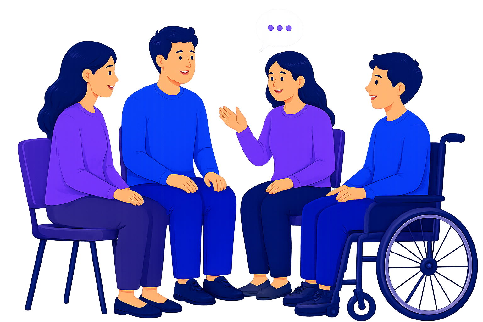 Four individuals engaged in conversation. One person is in a wheelchair, while the others are seated on chairs. They are talking in a well-lit room, wearing casual purple and blue clothes, and appear to be having a friendly discussion.