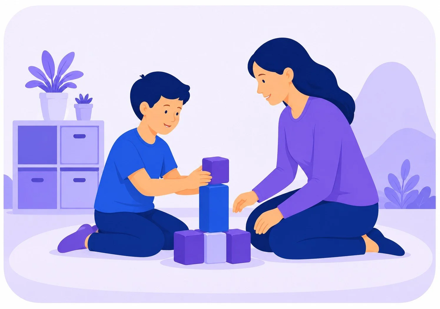 A woman and a young boy playing with purple and blue stacking blocks on the floor, indoors with a light purple background and houseplants in the background.
