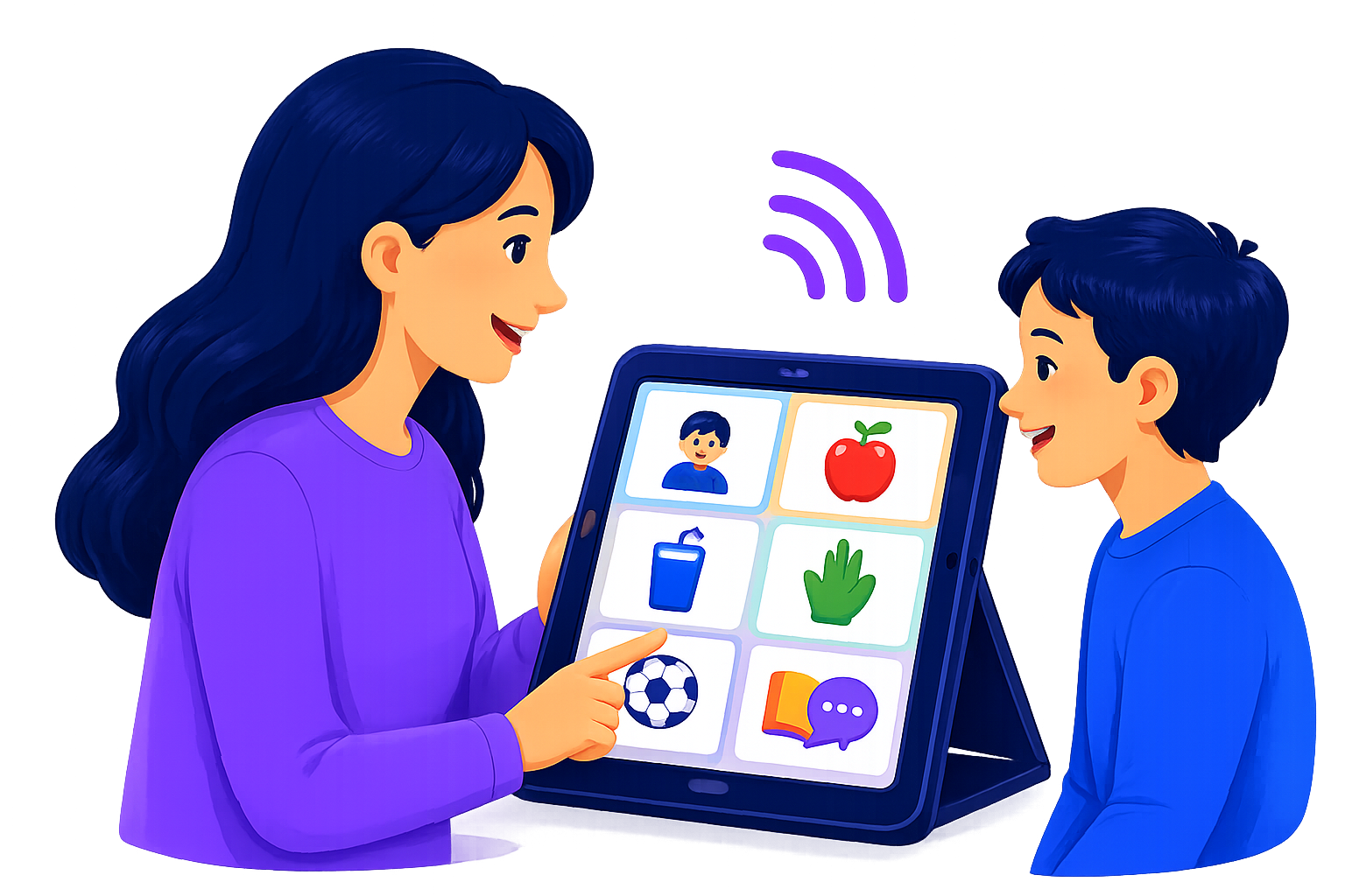 A woman and a boy sitting at a table with a tablet displaying six colorful icons, including a person, apple, book, soccer ball, chalkboard, and speech bubble.