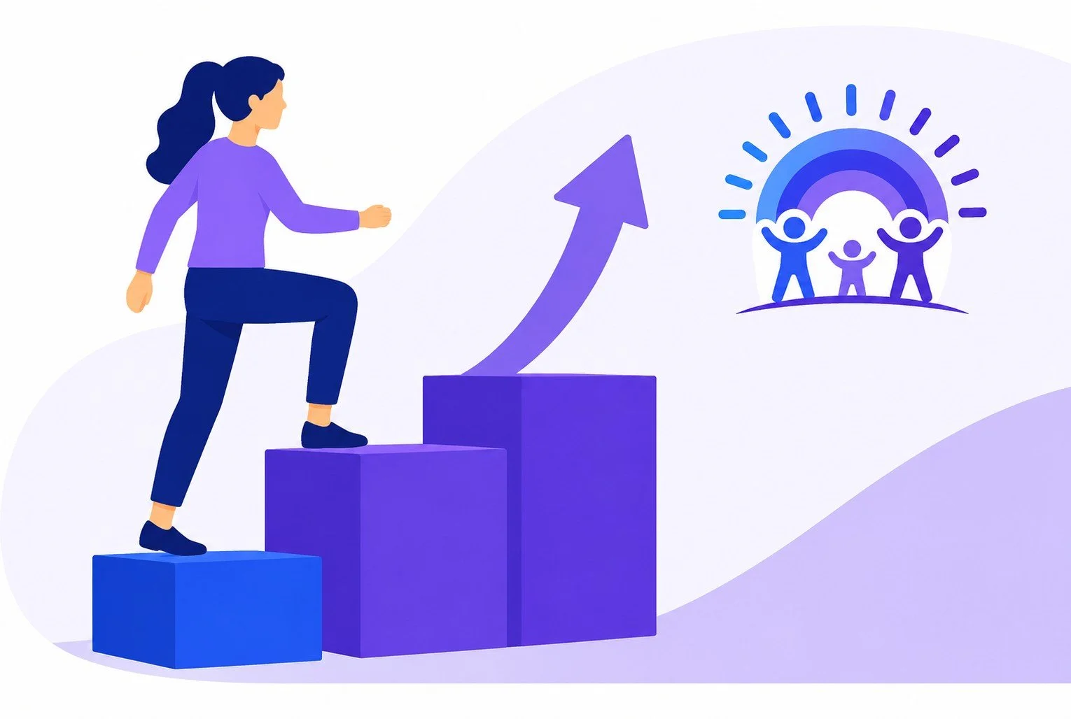 Illustration of a woman stepping up a series of purple blocks, with an upward arrow, symbolizing growth or progress. In the background, there's a rainbow with three children holding hands beneath it, representing unity and diversity.