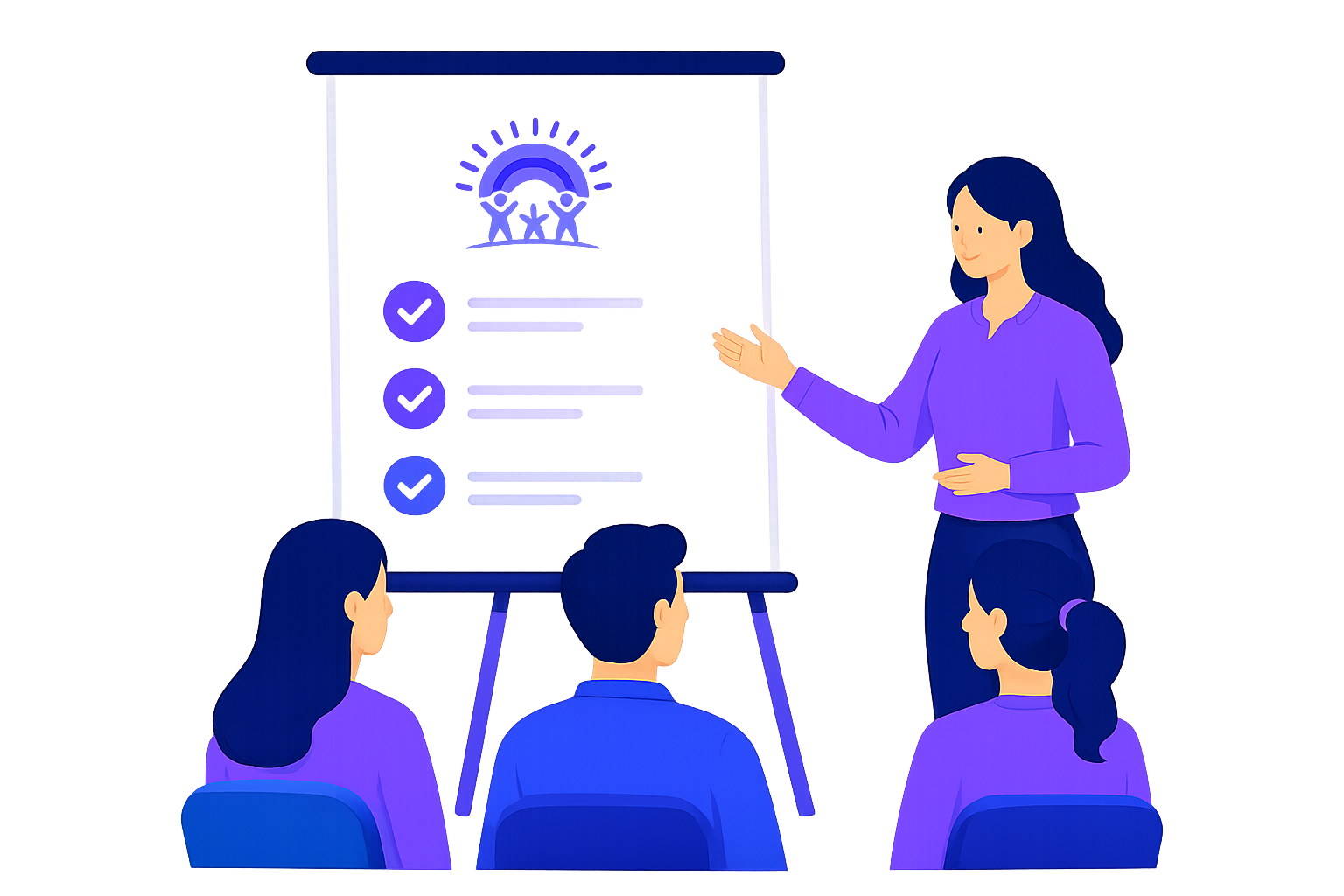 A woman giving a presentation to three people sitting in a dark room with a large digital screen displaying checkmarks and graphics.
