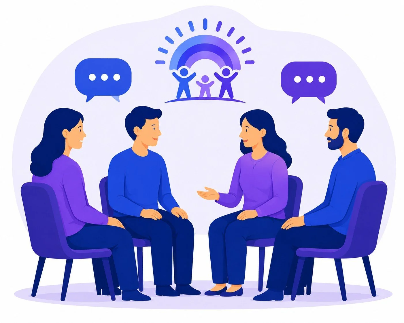 Four people sitting in chairs having a discussion, with speech bubbles above them and a rainbow with three figures holding hands at the top.