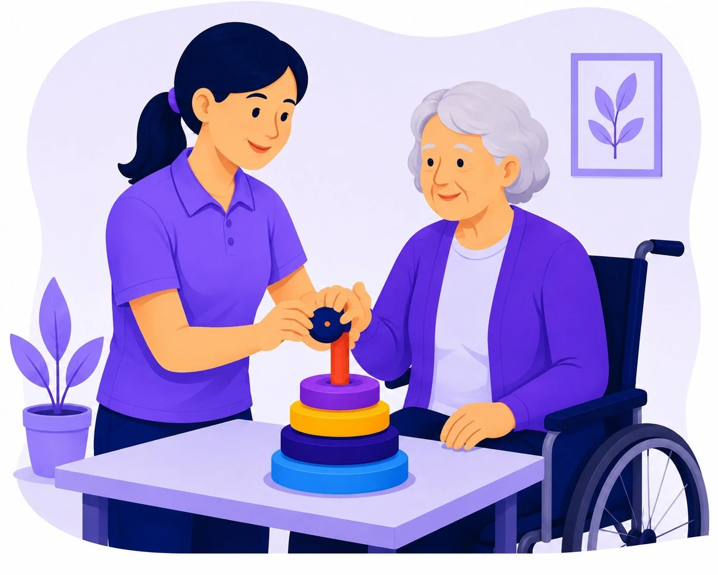 A young woman assists an elderly woman in a wheelchair in stacking colorful rings, representing physical therapy or rehabilitation.