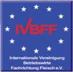 Logo der internationalen Vereinigung für Betriebswirte Fachrichtung Fleisch, mit 12 Sternen im Kreis und roten Buchstaben IVBFF auf blauem Hintergrund