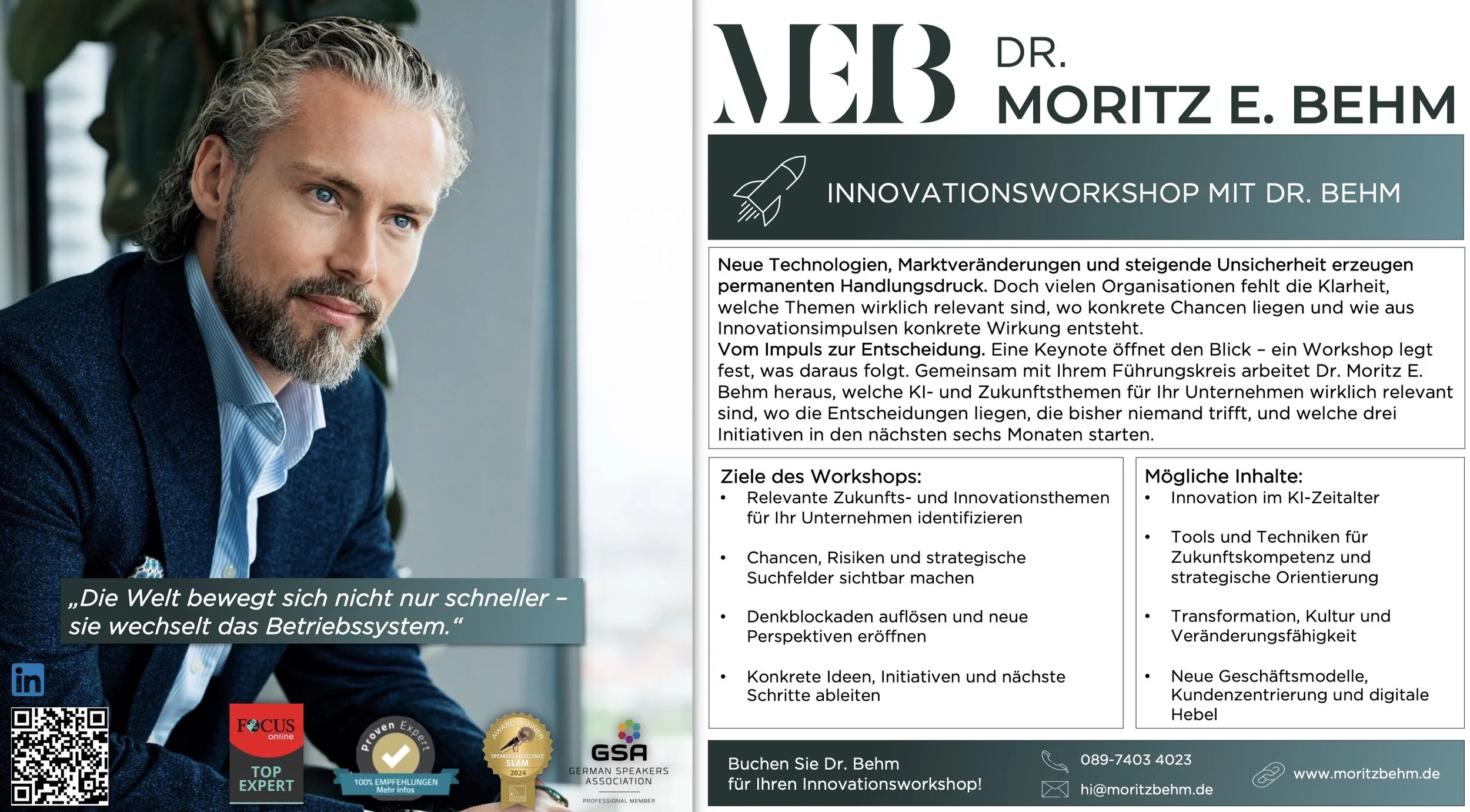 Ein Porträt eines Mannes mit grauem Haar, blauer Krawatte und blauer Jacke, sitzt vor einem Fenster. Das Bild ist Teil eines Werbeflyers für einen Innovationsworkshop mit Dr. Moritz E. Behm, der sich auf Innovationen, Zukunftstechnologien und strategische Unternehmensentwicklung konzentriert.