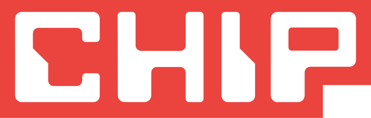 Logo mit weißem text auf rotem Hintergrund, das Wort 'CHIP' bezeichnet eine Technik- und Elektronikzeitschrift.