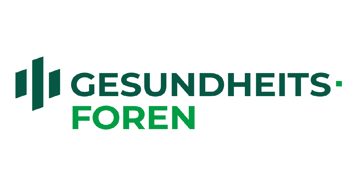 Logo der Gesundheitsforen mit drei vertikalen Linien und dem Text "GESUNDHEITS-FOR" in grün