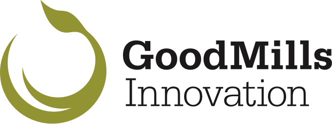Logo von Good Mills Innovation, grünliches Design mit einem stilisierten Getreidekorn.
