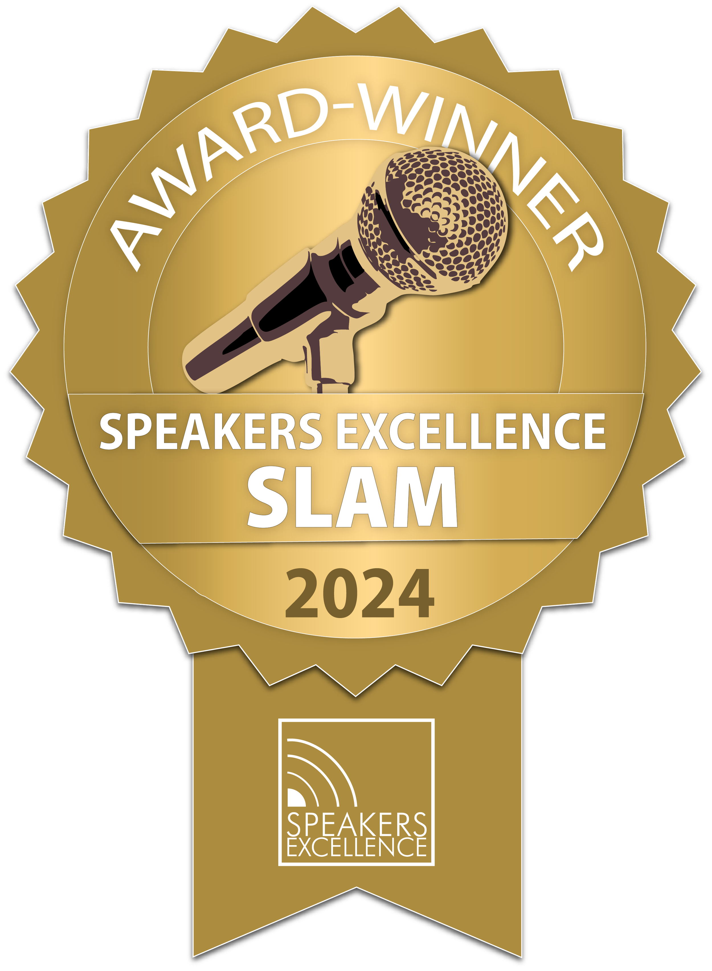 Goldene Auszeichnung für einen Rednerwettbewerb 2024, mit Mikrofon und Text "Awards Winner", "SPEAKERS EXCELLENCE", und das Logo "CREATIVE SPEAKERS EXCELLENCE".