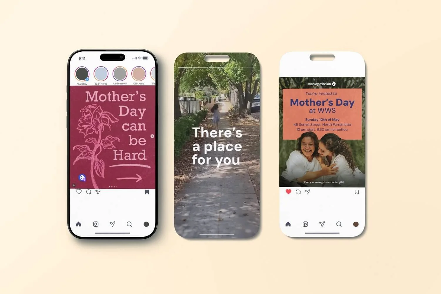 Three smartphone screens displaying different colorful advertisements and messages related to Mother's Day, with backgrounds of various outdoor and natural scenes.