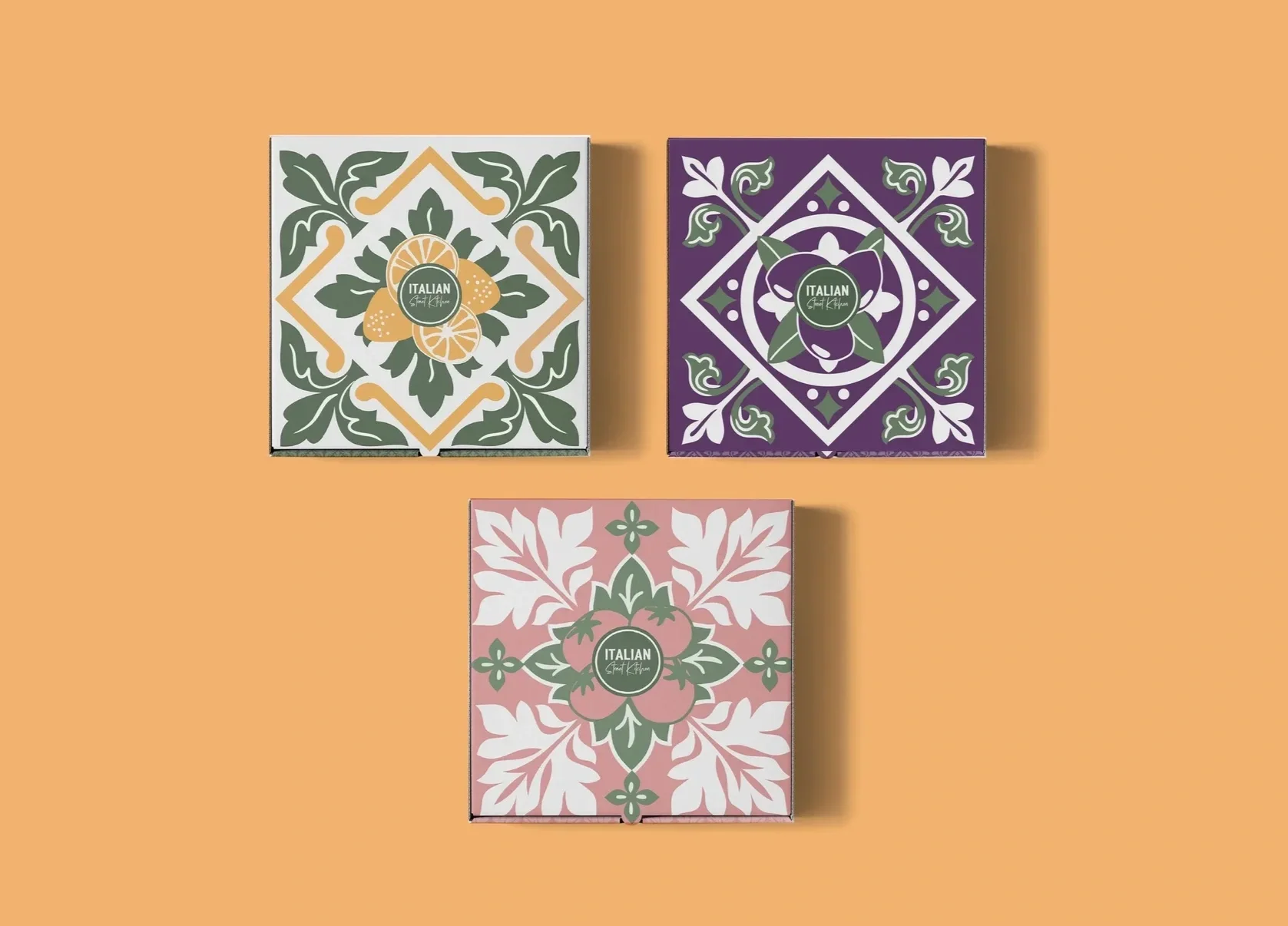 pizza boxes that look like italian tiles and are designed to form cohesive design when stacked side by side or on top of each other