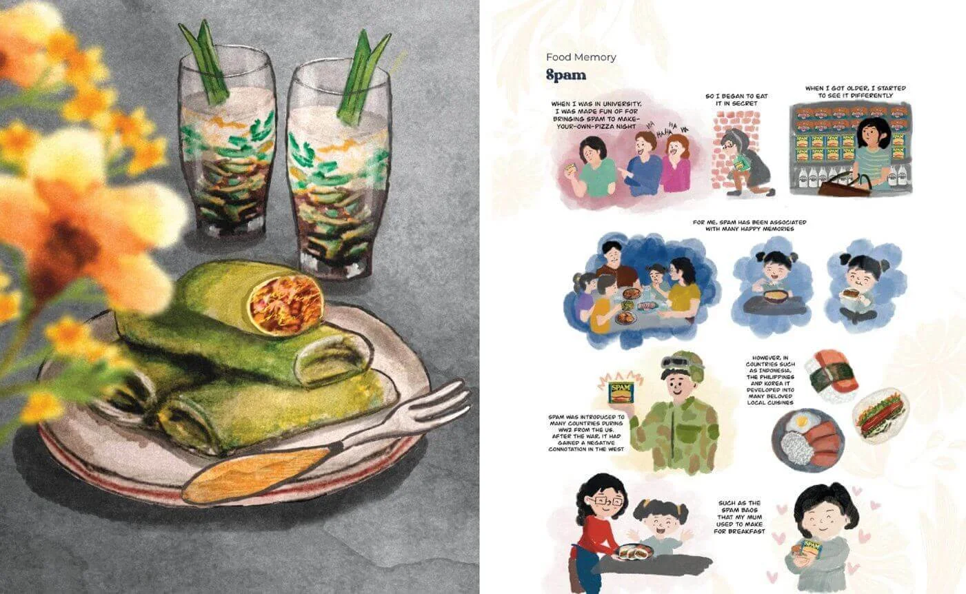 book pages showing an indonesian dish and a comic book page