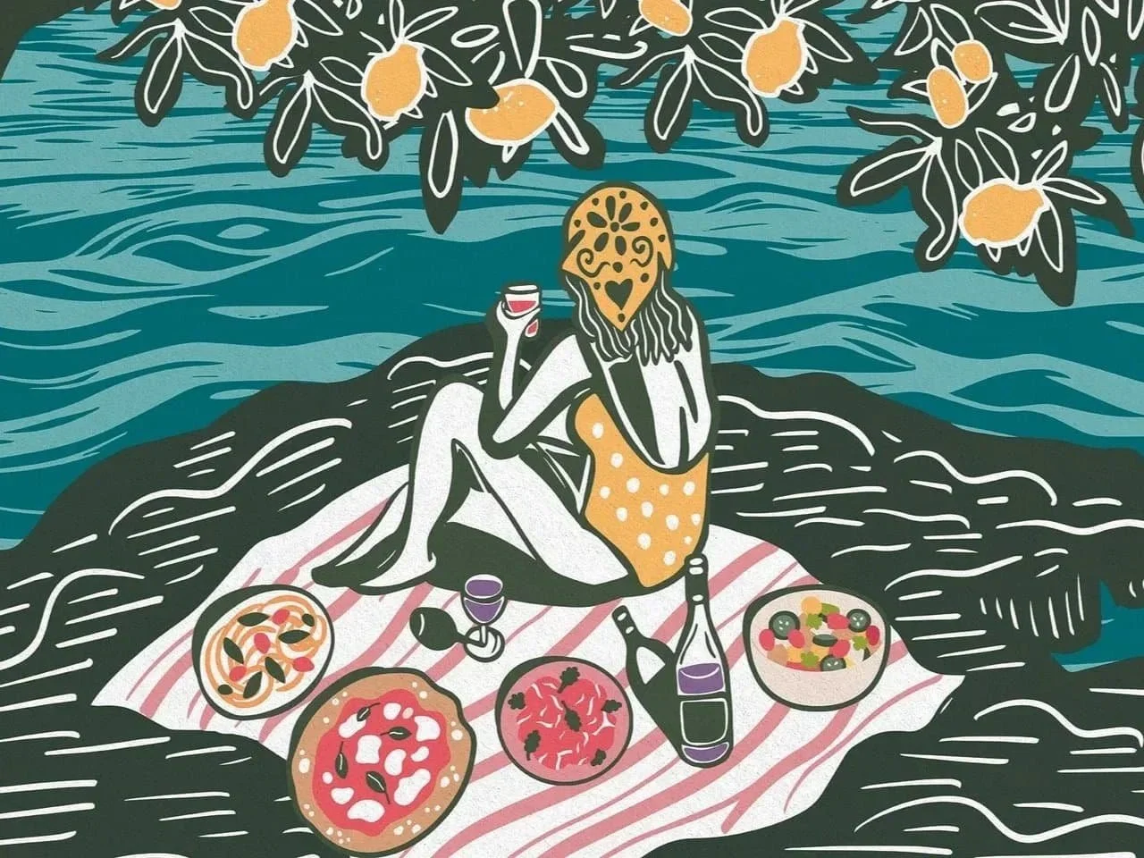 A lino cut inspired illustration of a woman enjoying a picnic by the sea