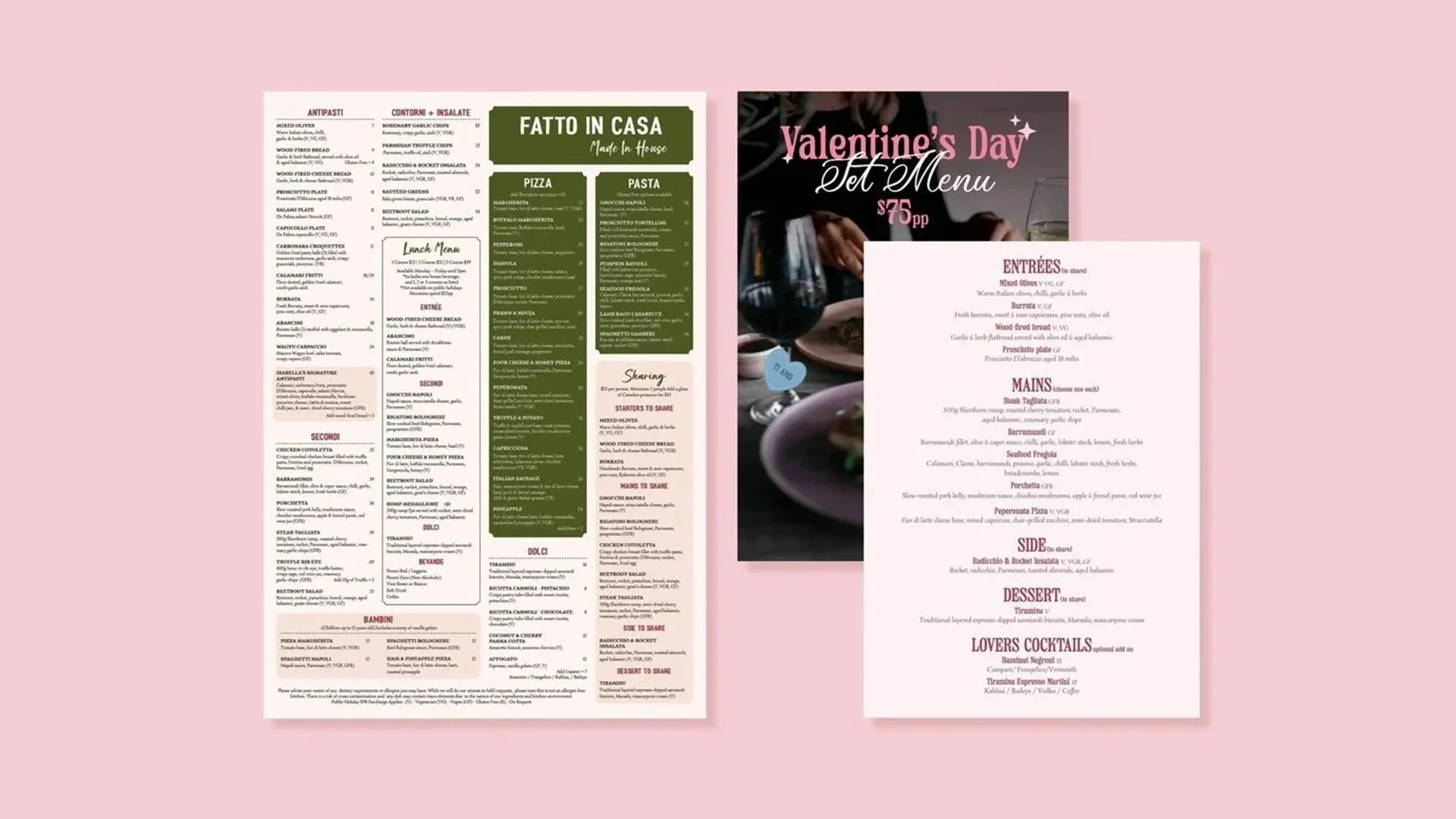 Images of menus for Italian Street Kitchen and a special valentine's day menu
