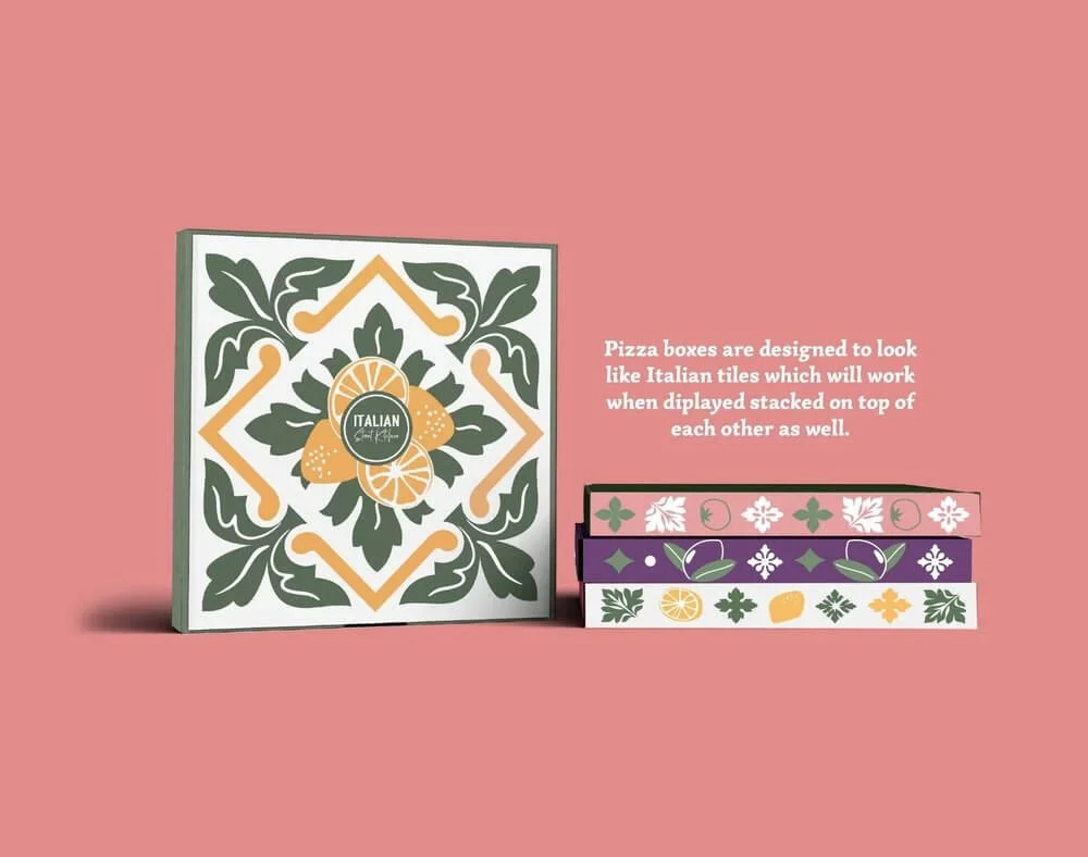 pizza boxes that look like italian tiles and are designed to form cohesive design when stacked side by side or on top of each other