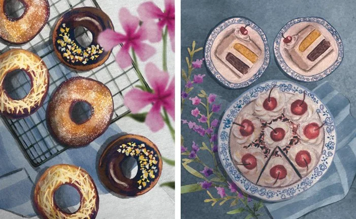 hand painted pictures of donuts and cakes
