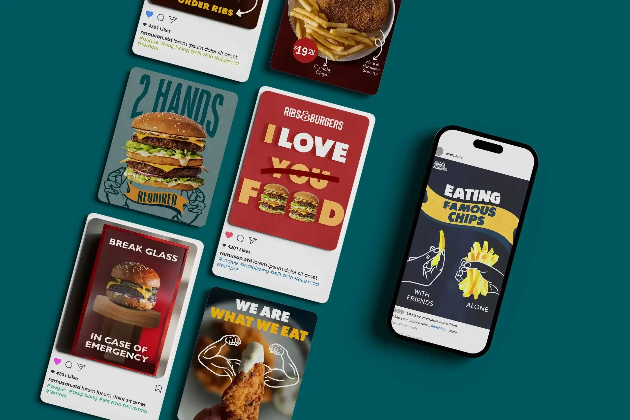 Collection of social media posts and advertisements for Ribs & Burgers, showing images of burgers, fries, and promotional messages about the restaurant's menu and services.