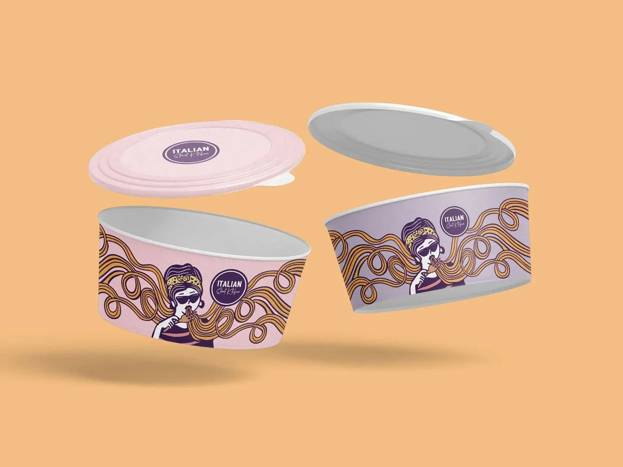paper bowl designs featuring a woman eating noodles