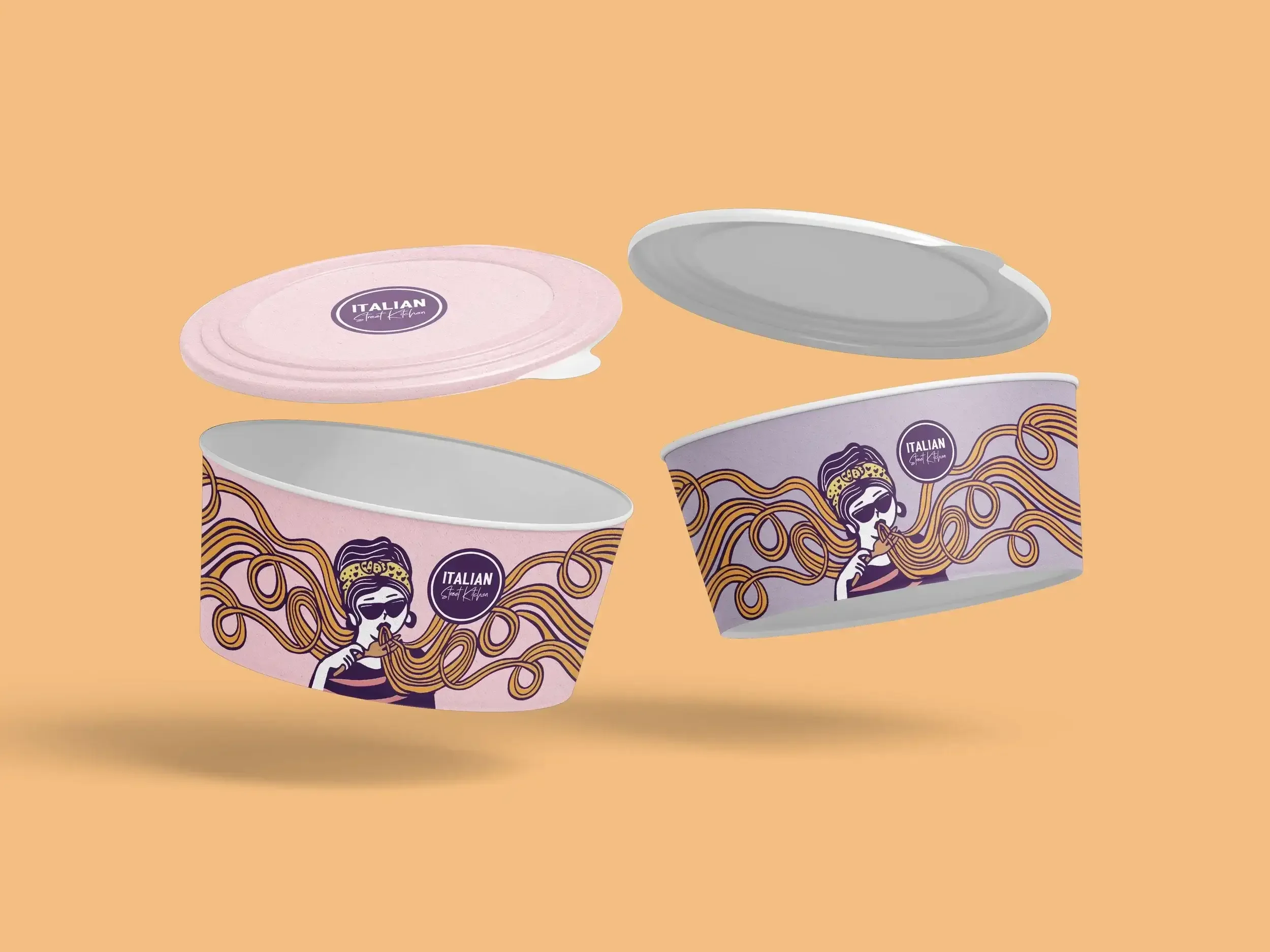 Two paper cups with colorful illustrated designs featuring a woman eating pasta and the word 'Italian'. One cup has its lid removed, showing the interior, and the other has its lid in place. Both cups are set against a solid light orange background.