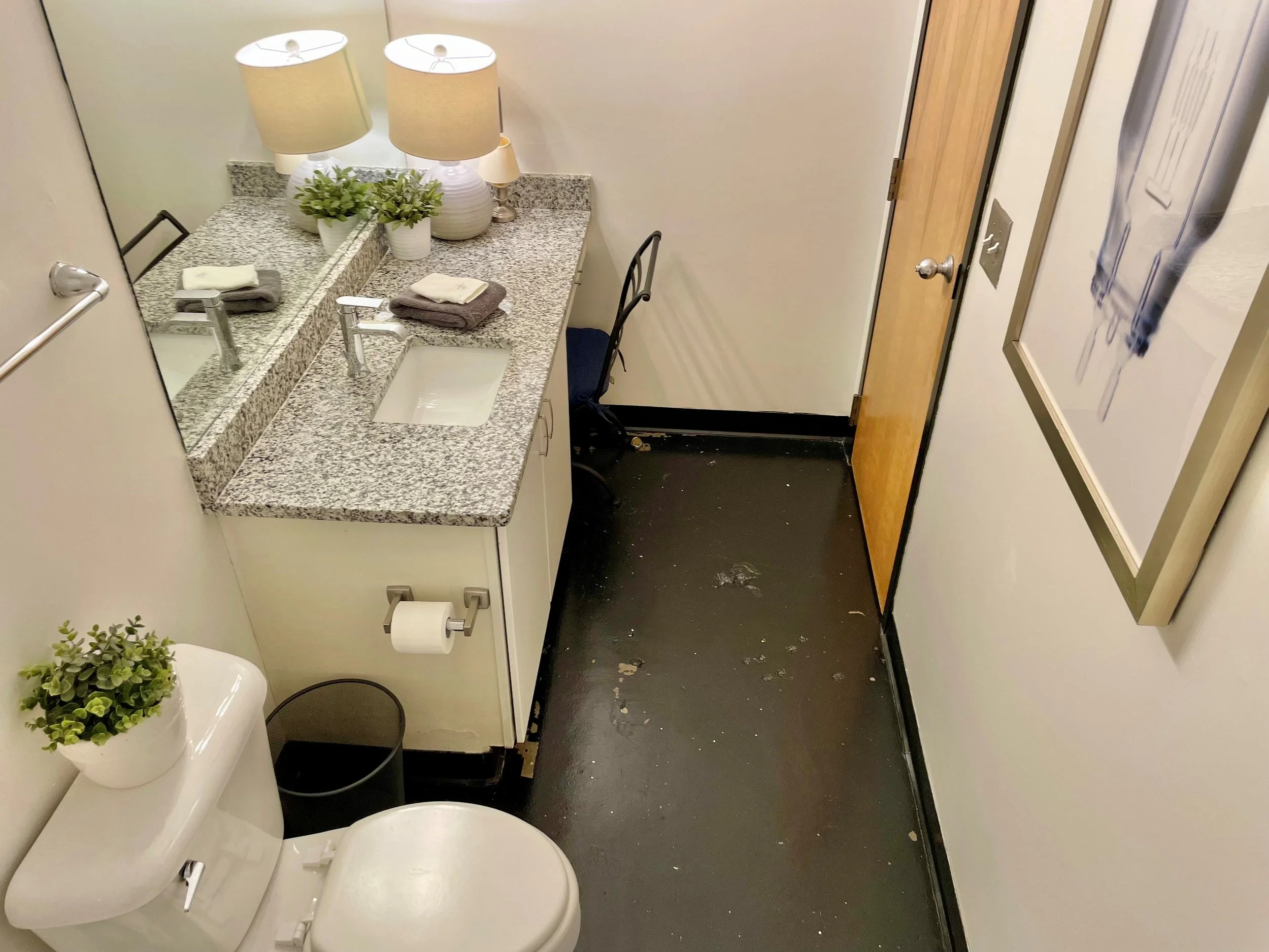 A small bathroom with a granite countertop, two sinks, and a mirror. There are two beige lamps, three potted plants, and three towels on the counter. The floor has some debris or residue, and a black trash can is under the counter. The door is wooden