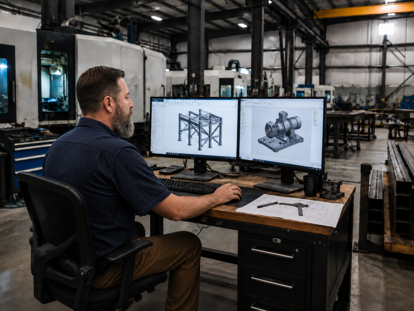 Ted Medlin, owner of Medlin Engineering, reviewing 3D CAD models of an industrial structural frame and mechanical assembly at a dual-monitor workstation in a manufacturing facility.