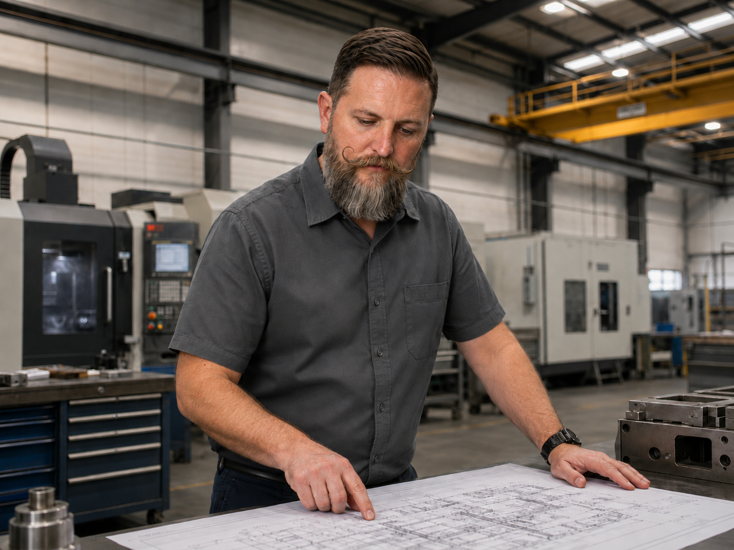 A man with a beard and mustache wearing a dark gray button-up shirt, working in an industrial setting, looking at engineering blueprints spread out on a table.