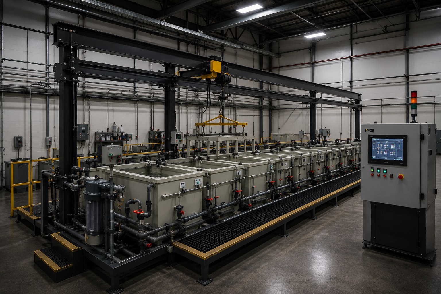 Custom industrial plating process tanks and piping systems based on Medlin Engineering designs
