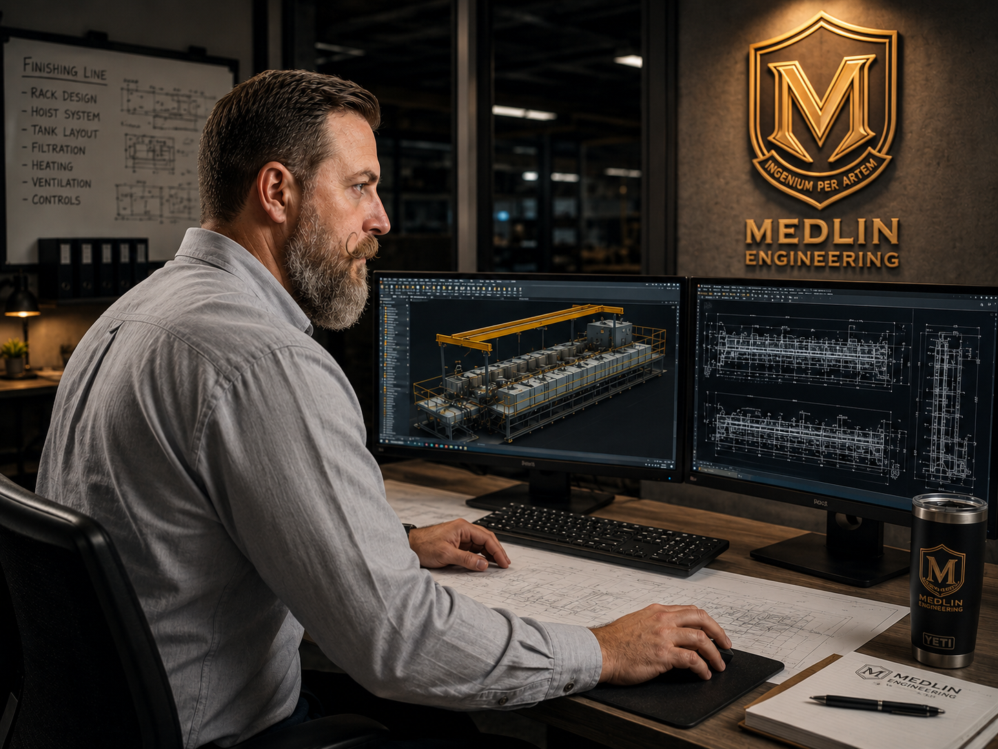 Medlin Engineering principal engineer reviewing plating line designs
