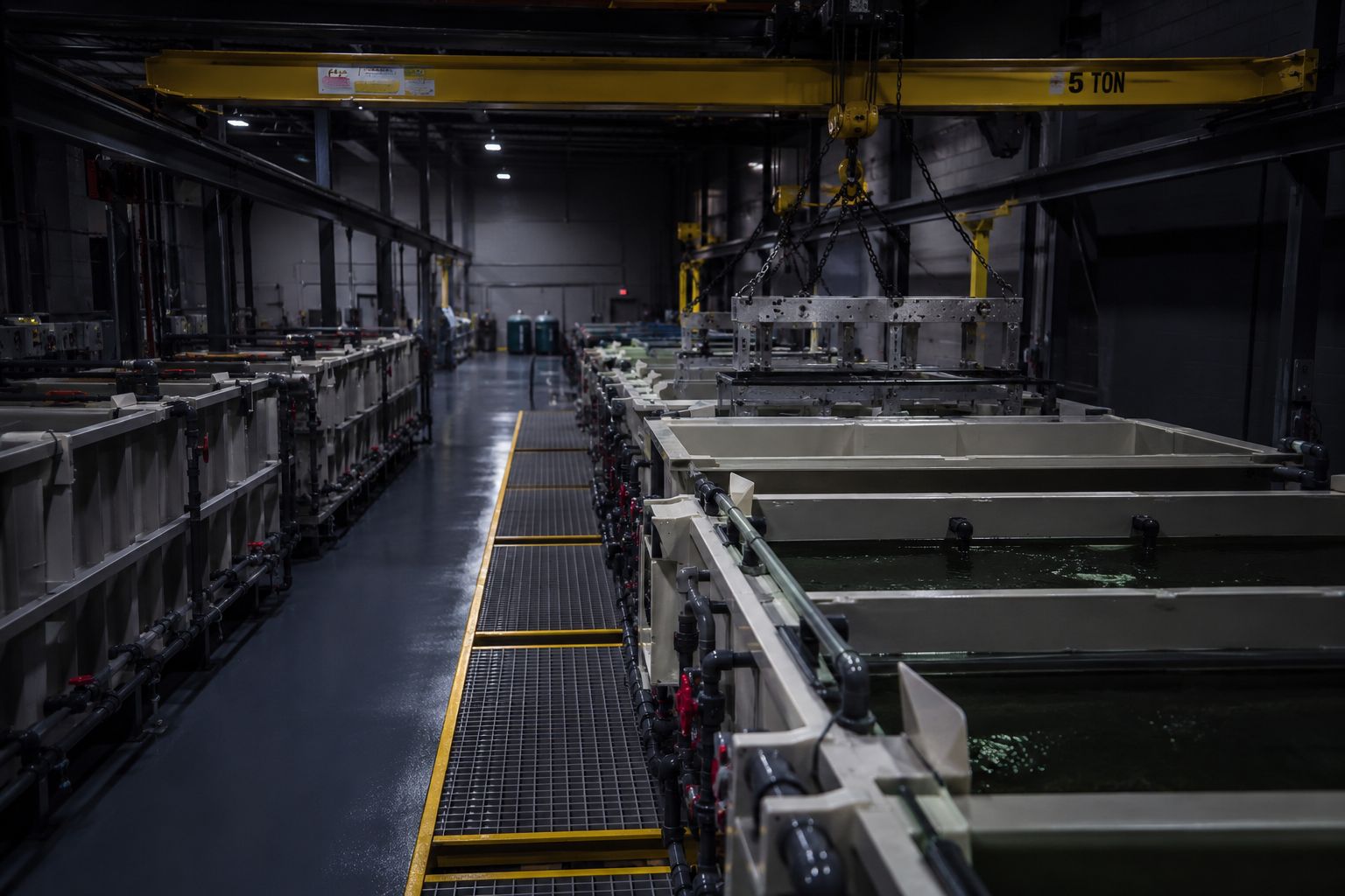 Industrial electroplating facility with overhead crane based on Medlin Engineering designs