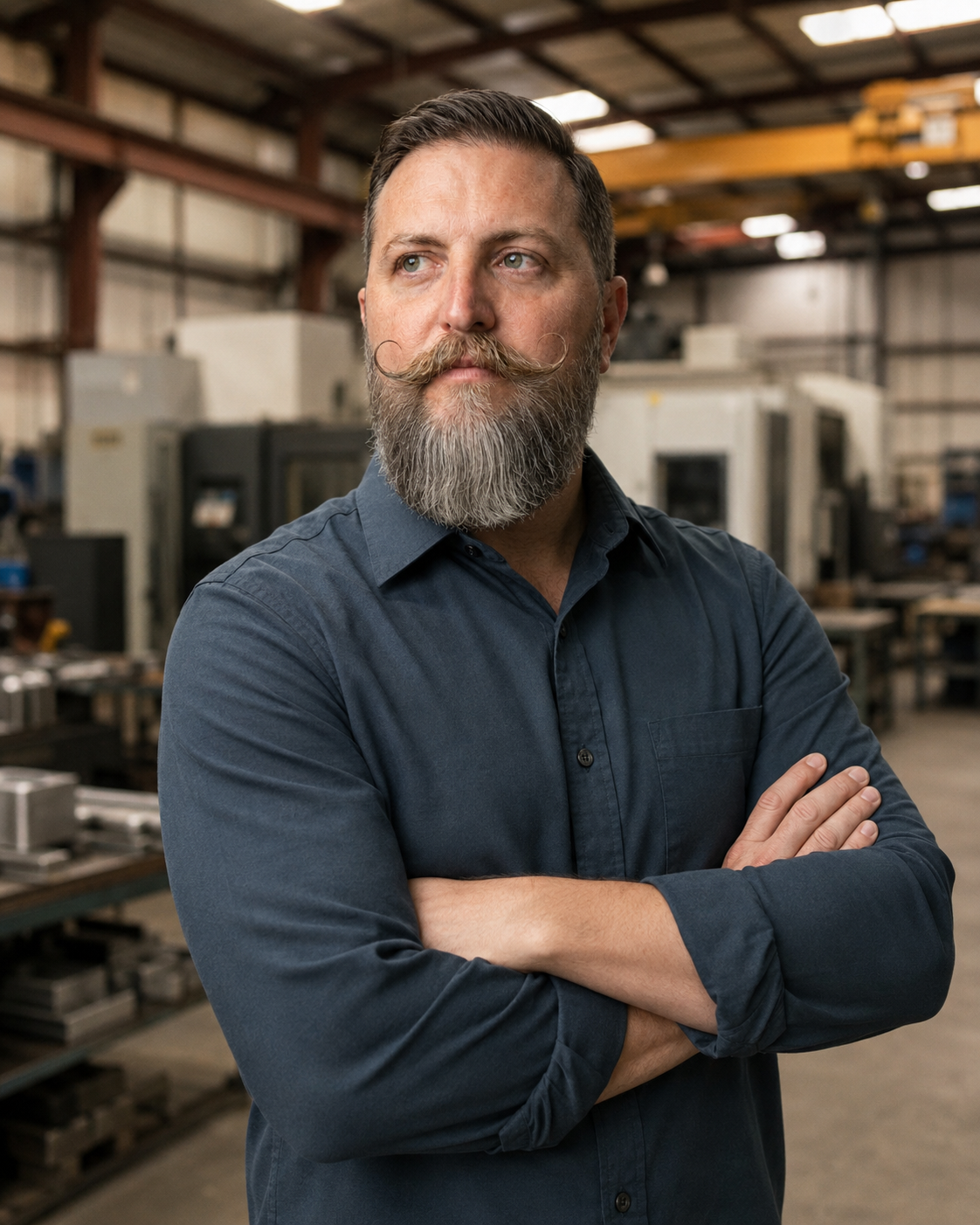 Ted Medlin of Medlin Engineering standing in an industrial manufacturing facility, assessing equipment and floor layout with CNC machinery in the background.