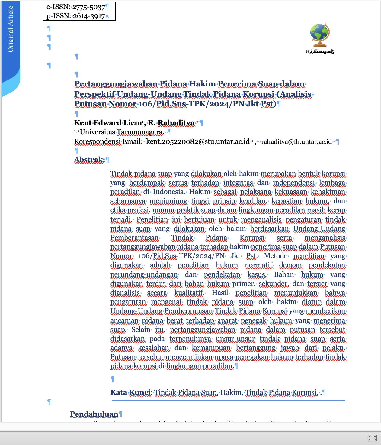 Pertanggungjawaban Pidana Hakim Penerima Suap dalam Perspektif Undang-Undang Tindak Pidana Korupsi (Analisis Putusan Nomor 106/Pid.Sus-TPK/2024/PN Jkt Pst)