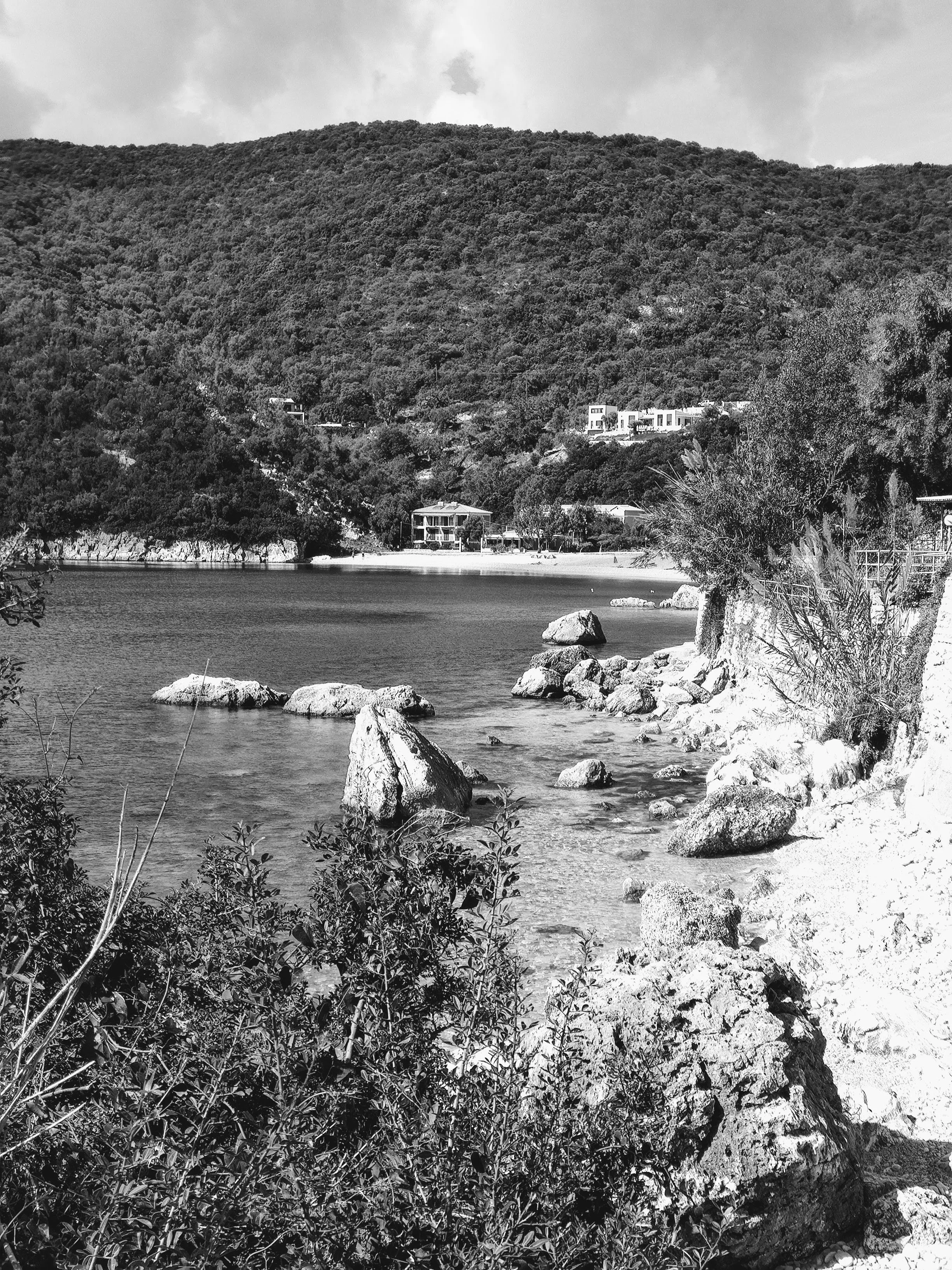 A black and white photo of a lakeside scene with a rocky shoreline, bushes, trees, and houses on the hillside in the background.