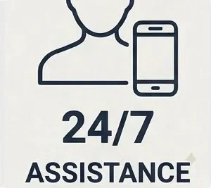 Icon of a person and a smartphone with the text '24/7 Assistance'