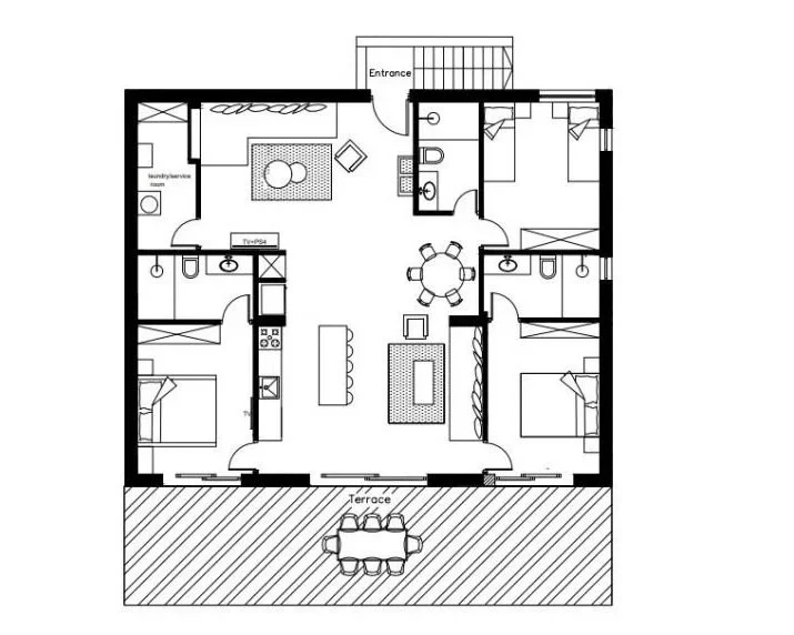 Floor plan of a house with a terrace, living room, kitchen, three bedrooms, two bathrooms, and an entrance