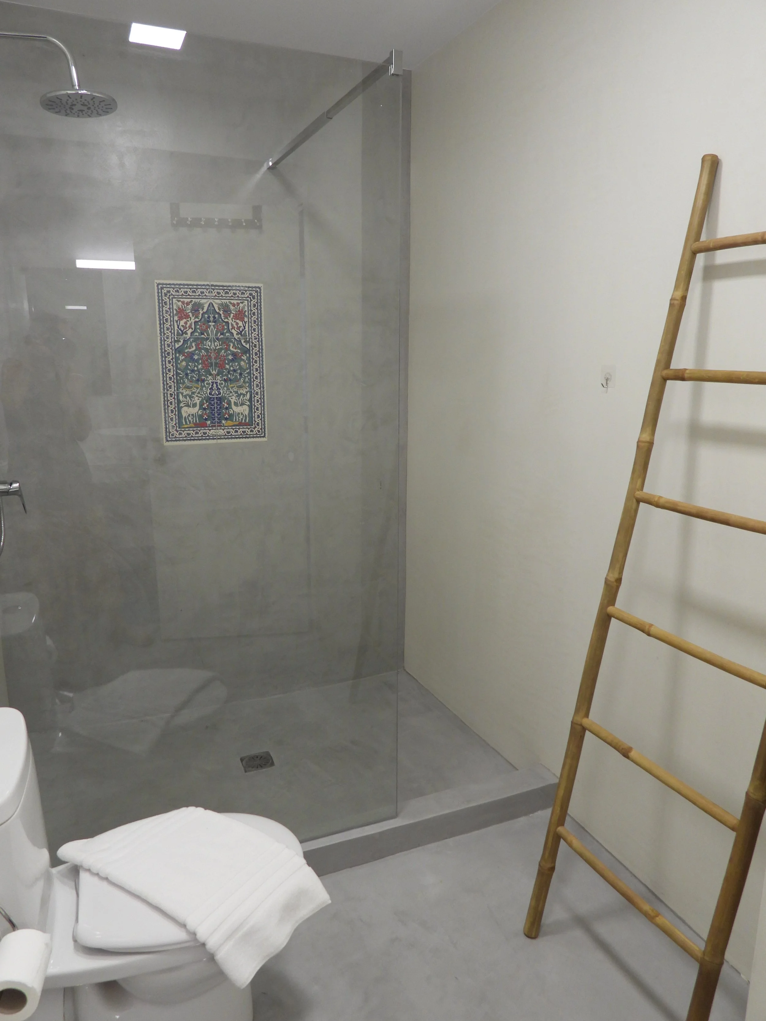 Bathroom with a glass shower door, a white toilet with a white towel on top, a bamboo ladder, and a wall with a decorative tile behind the shower.