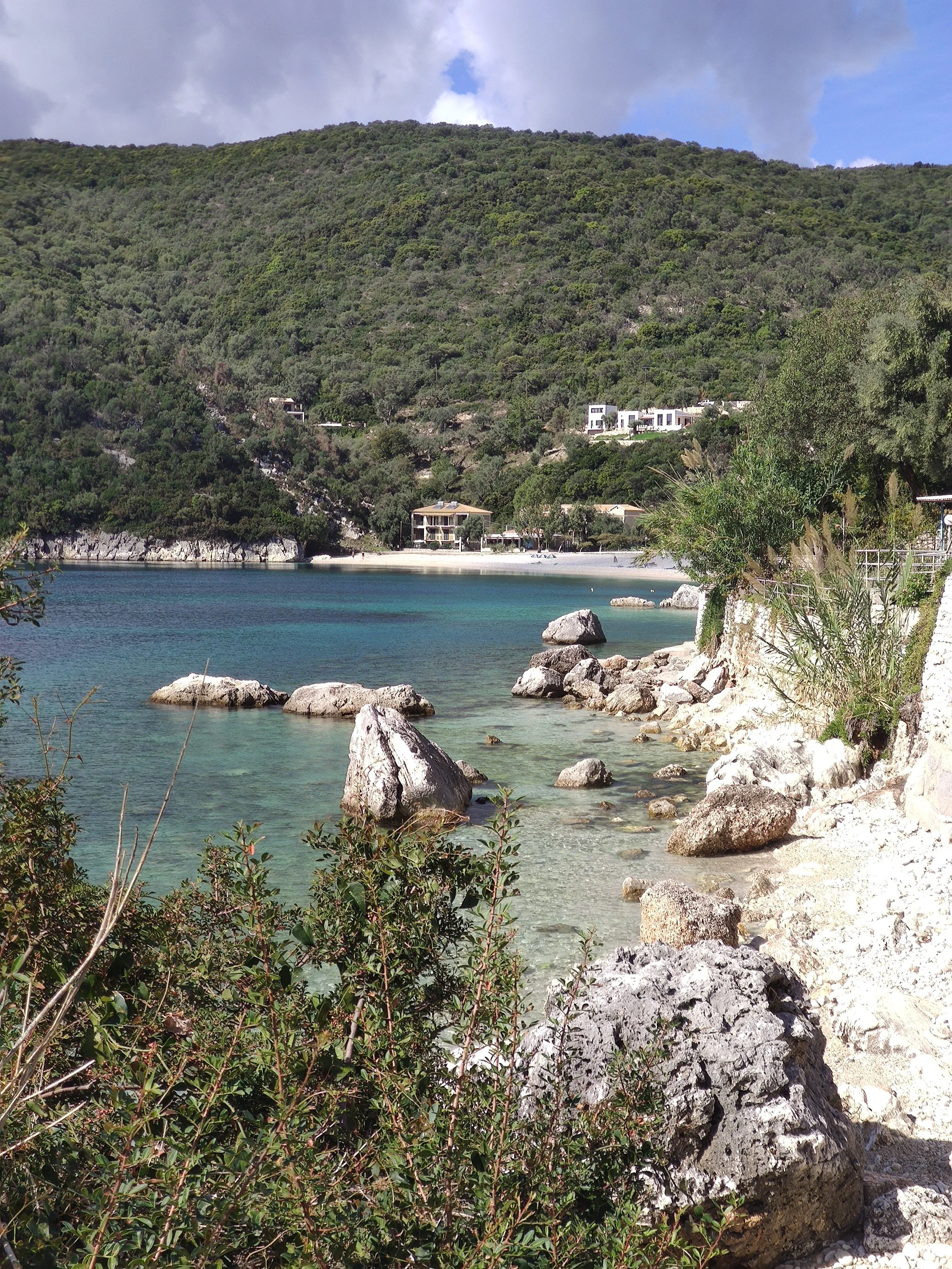 A scenic view of a coastal area with rocks and clear blue water, backed by a hillside covered in dense green trees and modern houses.