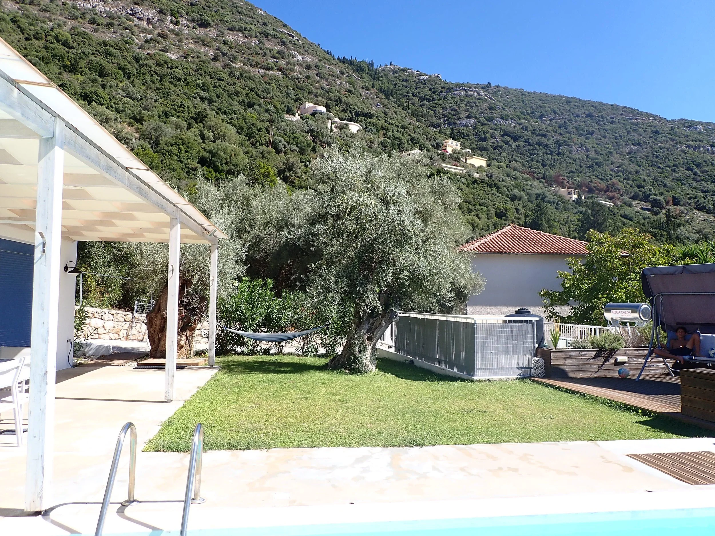 A backyard with a swimming pool, a grassy lawn, and a tree. In the background, there are hills covered with green trees and houses. The sky is clear and blue.