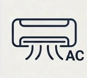 A minimalist icon of an air conditioner with airflow lines and 'AC' label.
